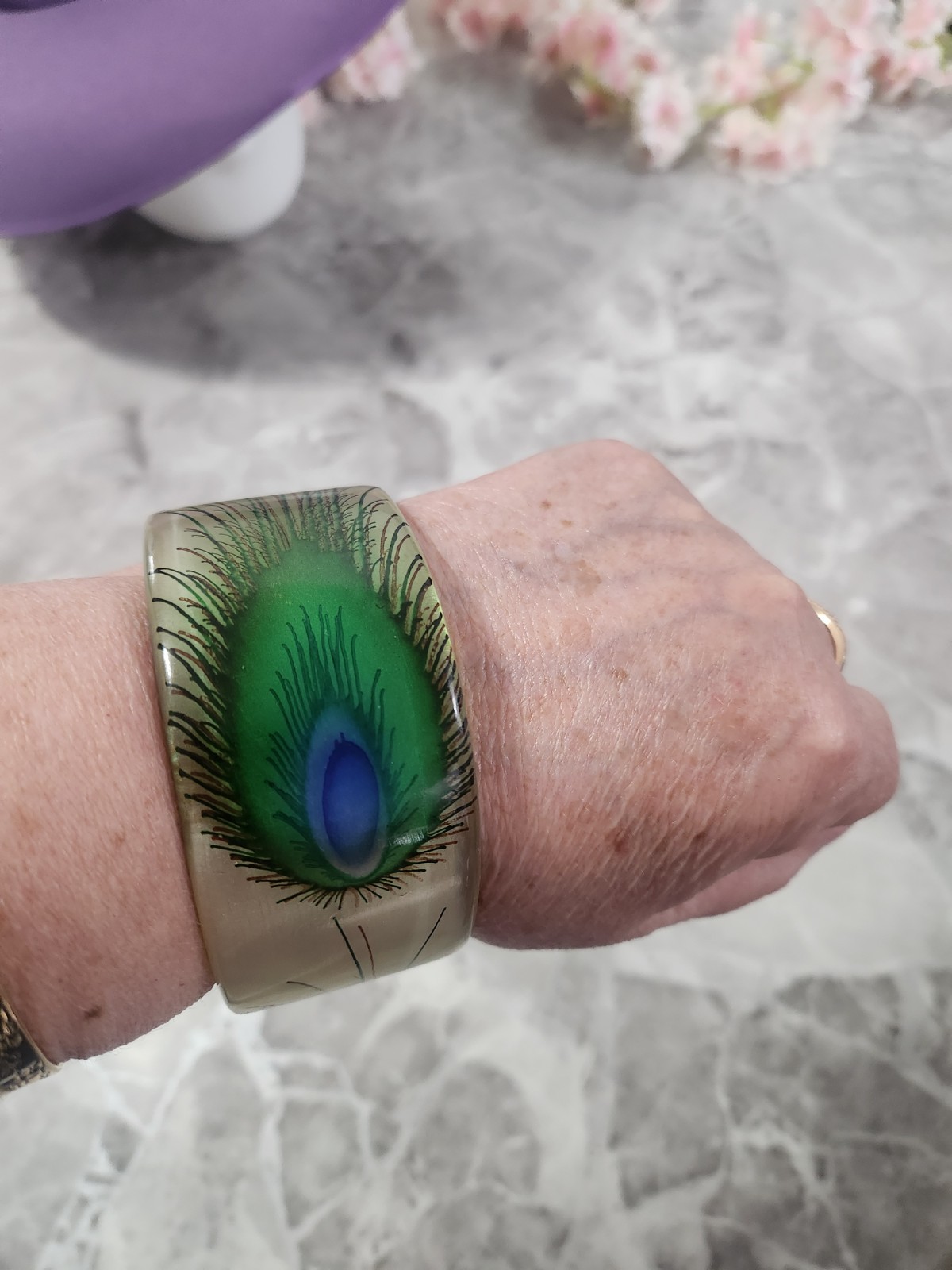 Peacock Feather Bangle Bracelet Resin Acrylic Green Statement Wide Monumi