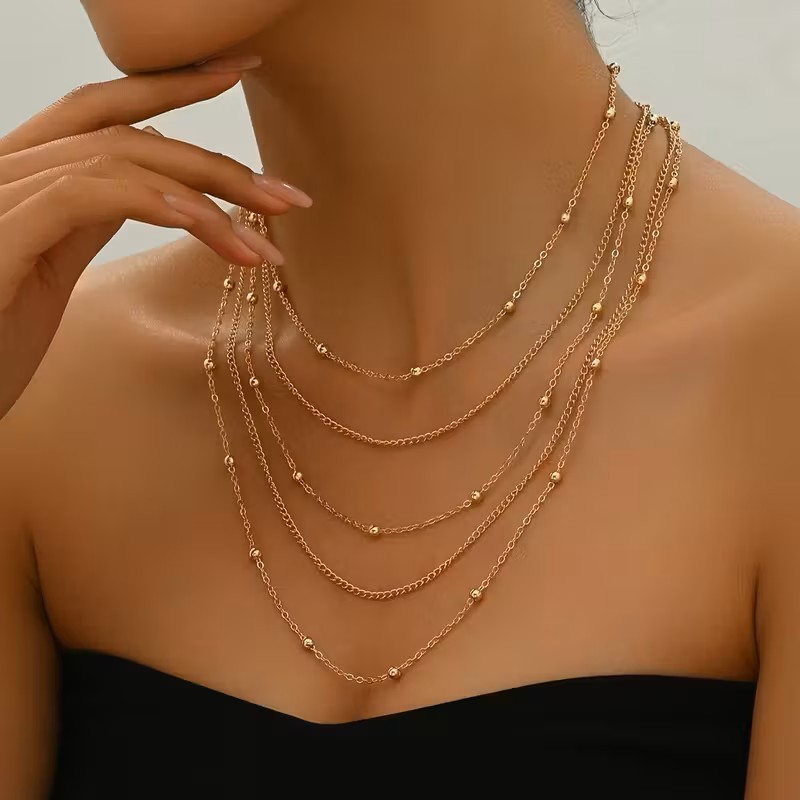 Gold Layered Multi Strand Beaded Chain Necklace Adjustable Choker Boho Statement