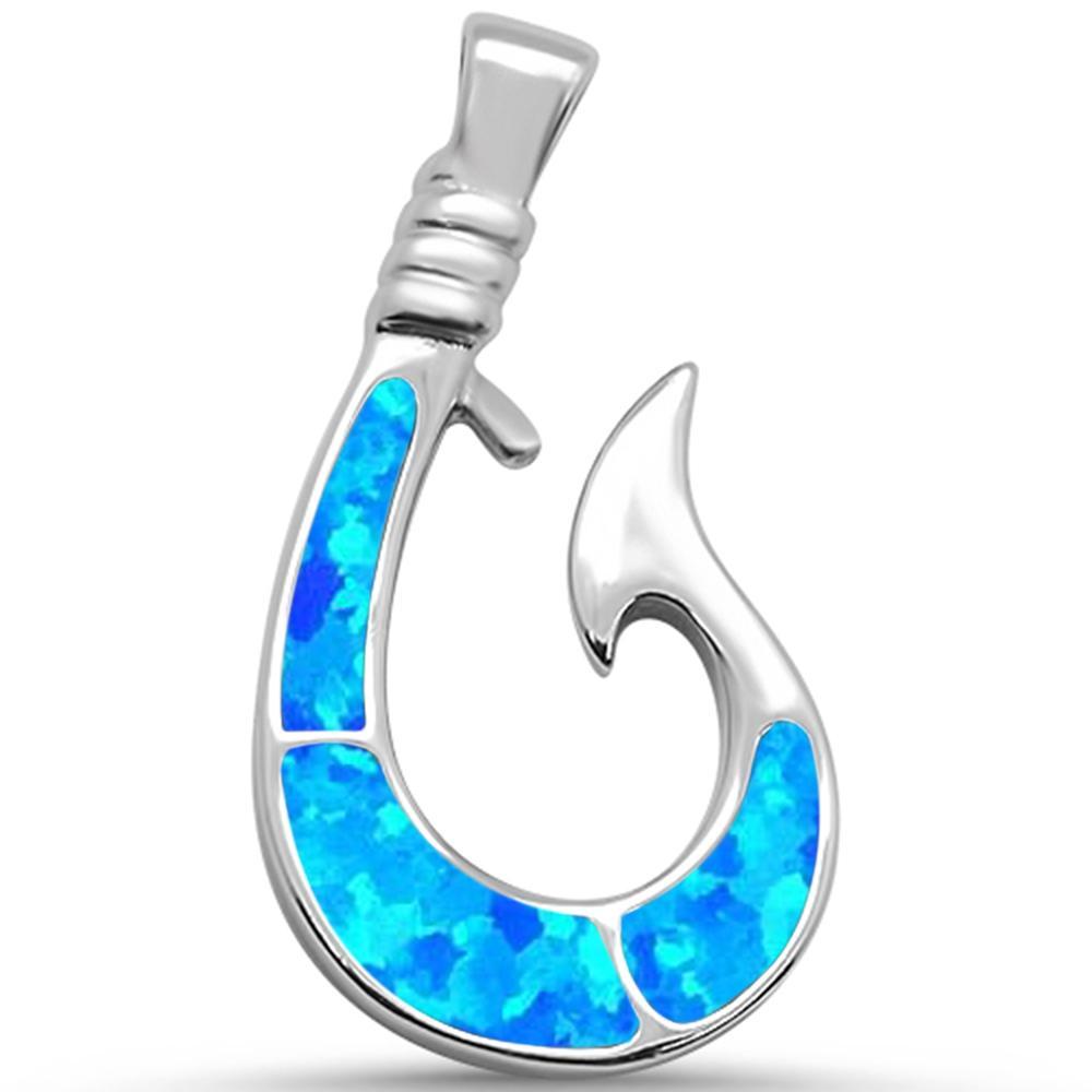 Blue Opal Fish Hook .925 Sterling Silver Pendant