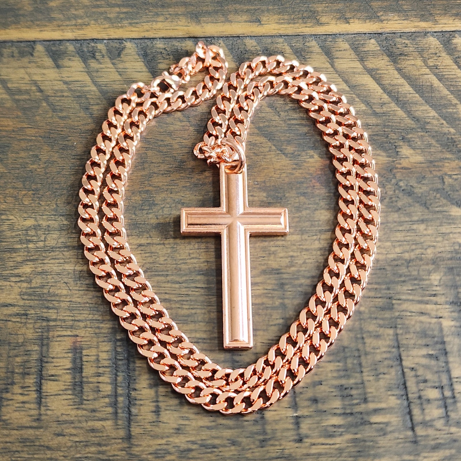 Pure Copper Cross Necklace Cuban Link 5mm, 20″ Chain, therapy Pendant