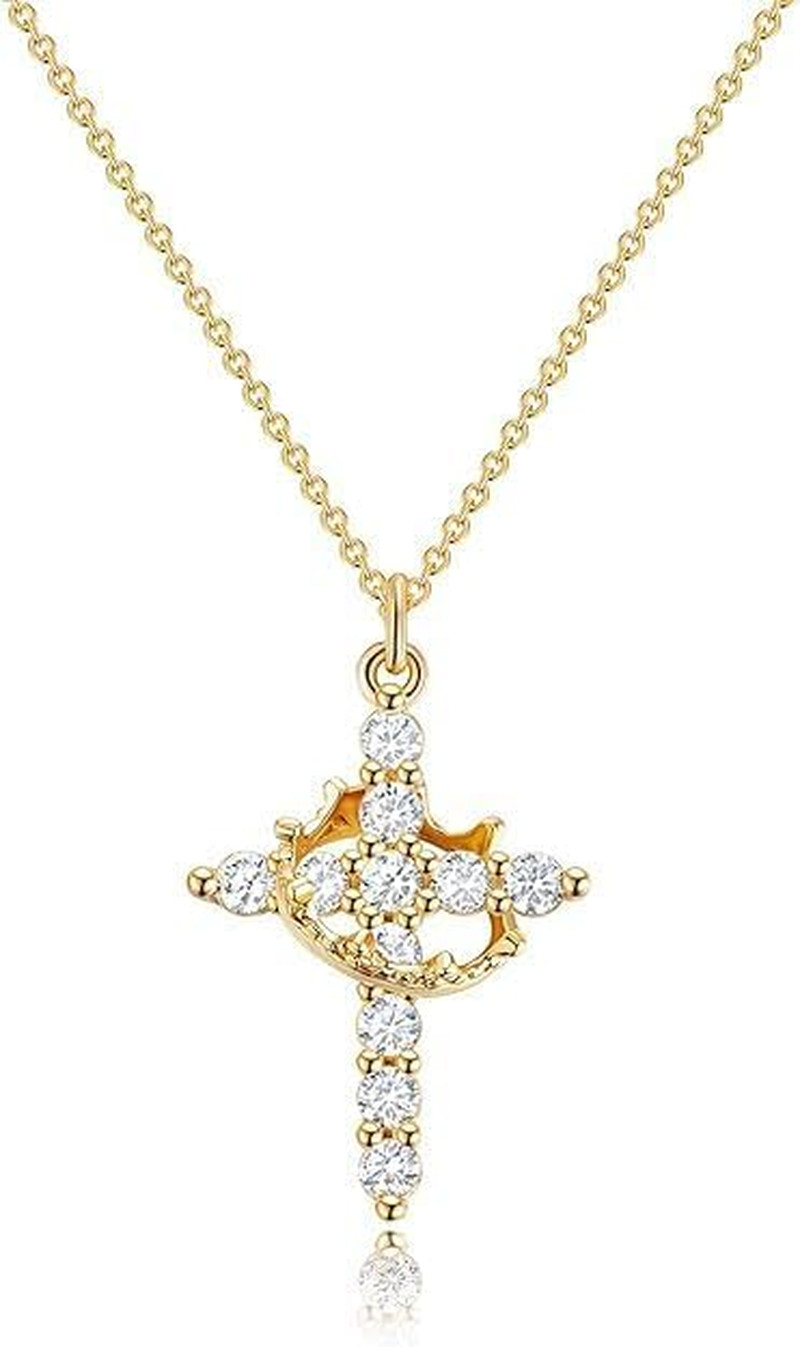 Crown Cross Pendant Necklace for Women – 14K Gold Plated Christian Faith Jewelry