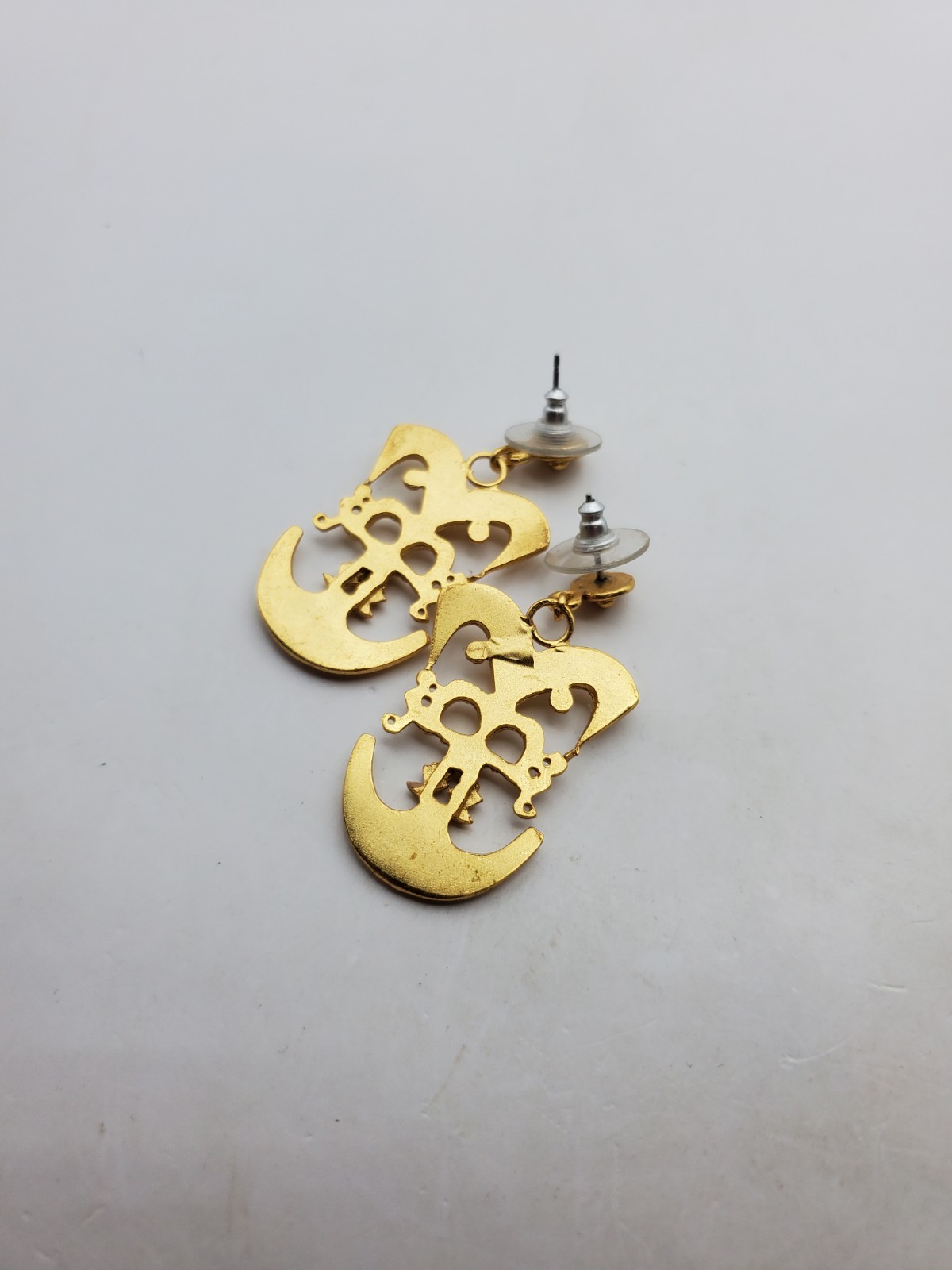 Vintsge Gold Plated Pre-Columbian Bird Shaman Dangle Pierced Earrings 1.75″