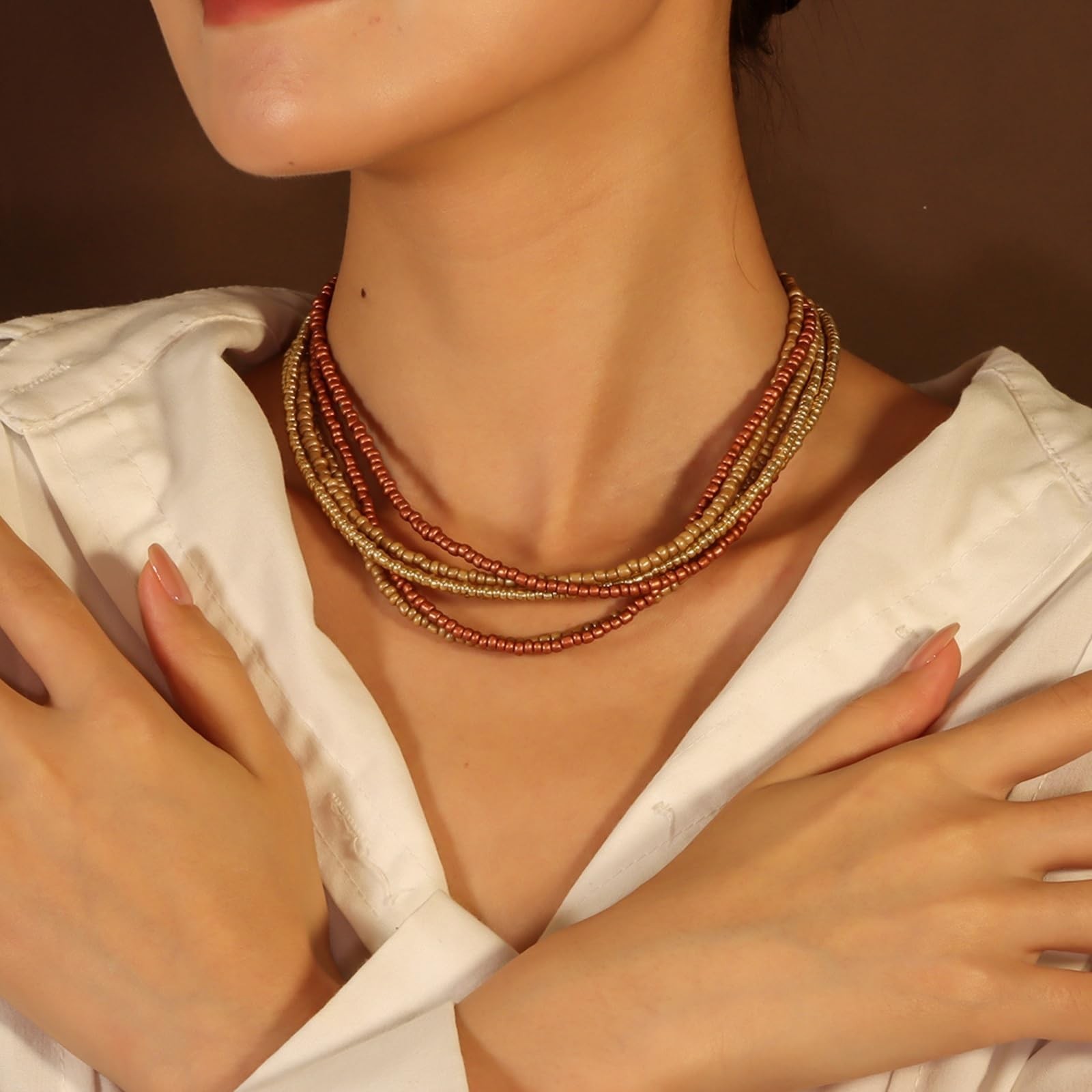 Multi-layered Beaded Adjustable Chain Link Choker Collar Necklace for Jewelry…