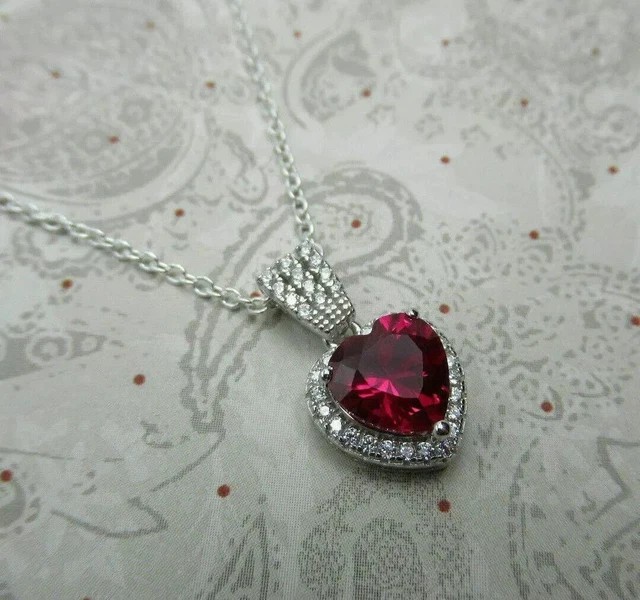 14K White Gold Plated In 2Ct Heart Cut Simulated Red Ruby Stunning Halo Pendant