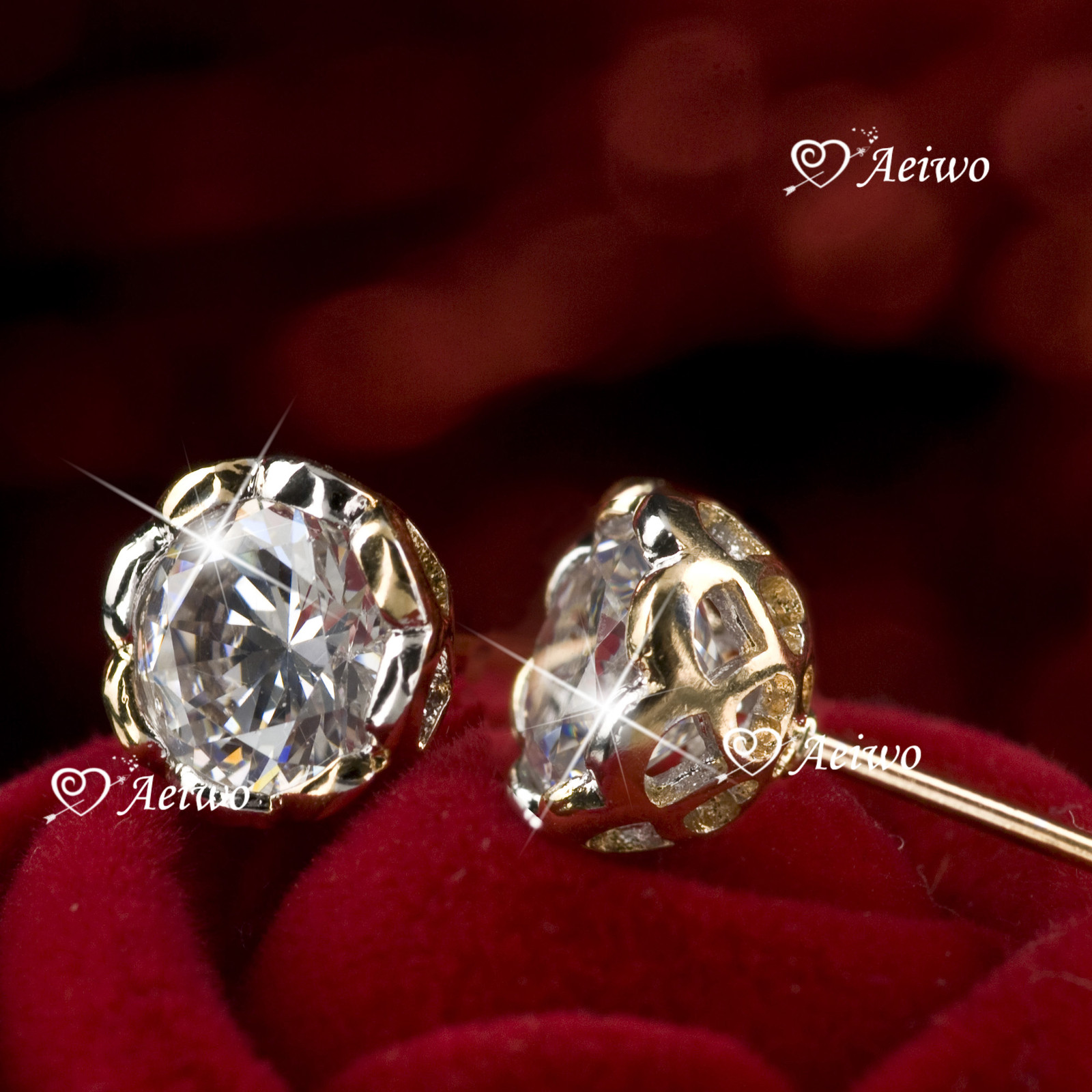 18K YELLOW WHITE GOLD 2-TONE MADE WITH SWAROVSKI CRYSTAL ROUND STUD EARRINGS