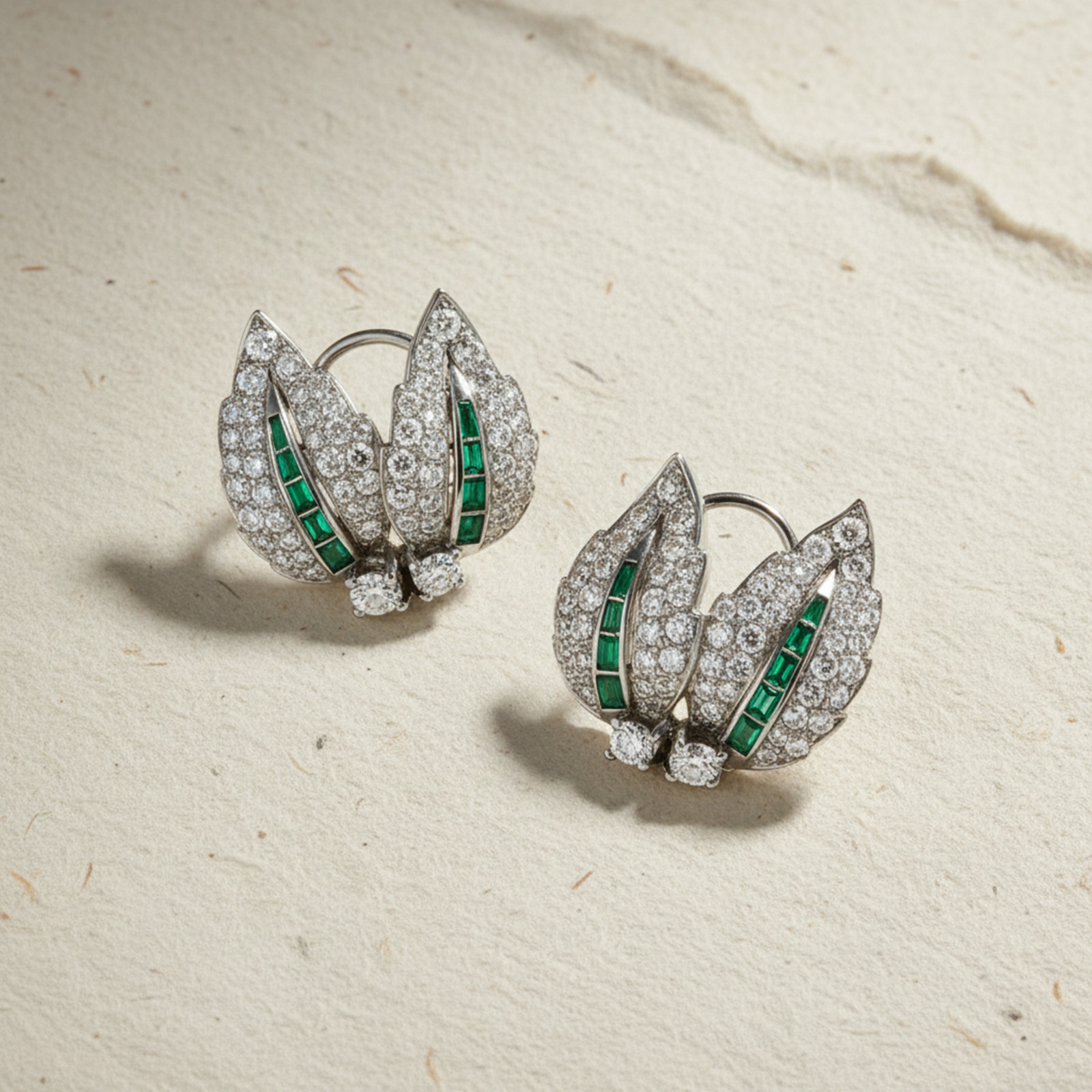 Green Baguette & Round Lab Created Diamond 14K Gold Leaf Inspired Stud Earrings