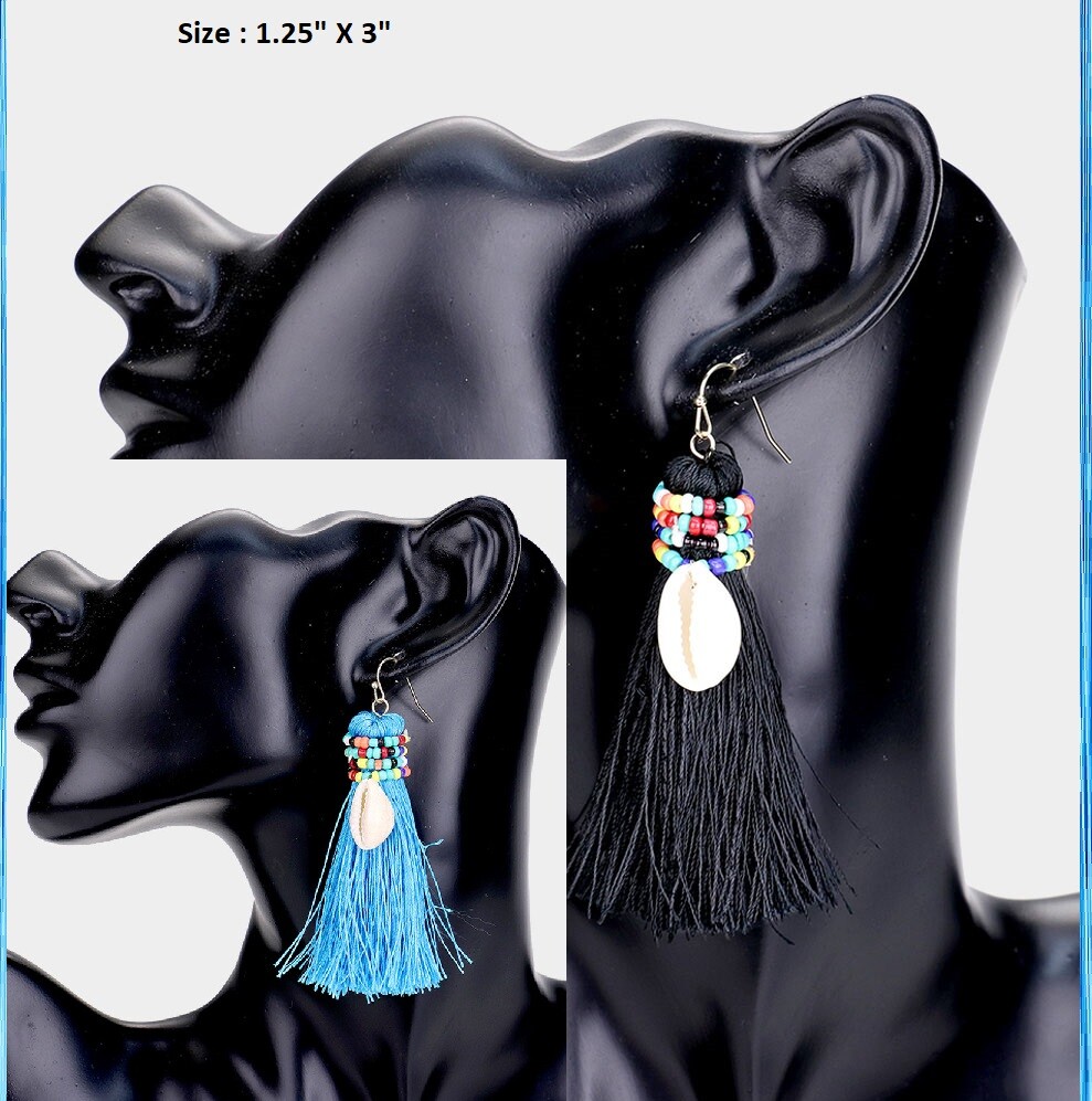 3″ Statement Oversized Long Fiber Seed Beaded Ball Hook Drop Pierce Earrings NEW