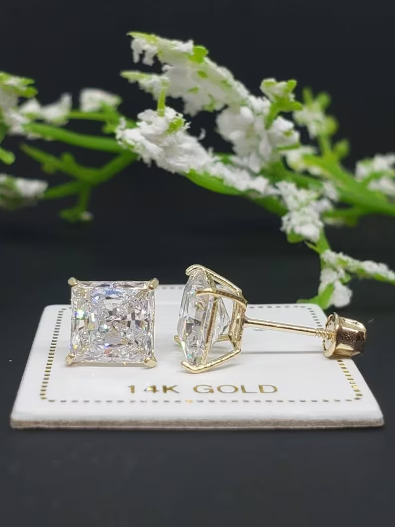 14k yellow gold stud earrings princess cut simulated diamonds