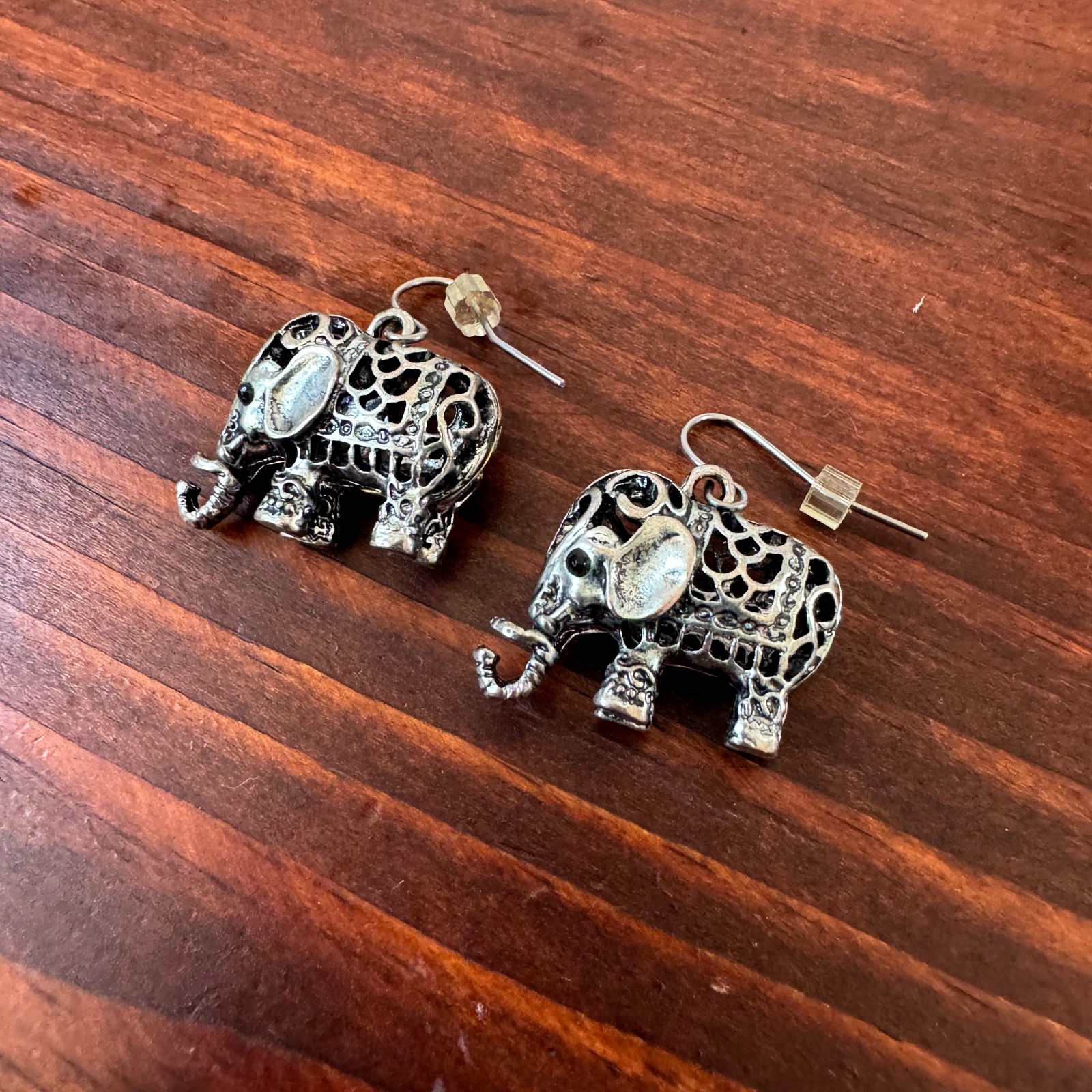 Silver Tone 3D Filigree Elephant Dangle Earrings Wire Hook Boho Cute Animals