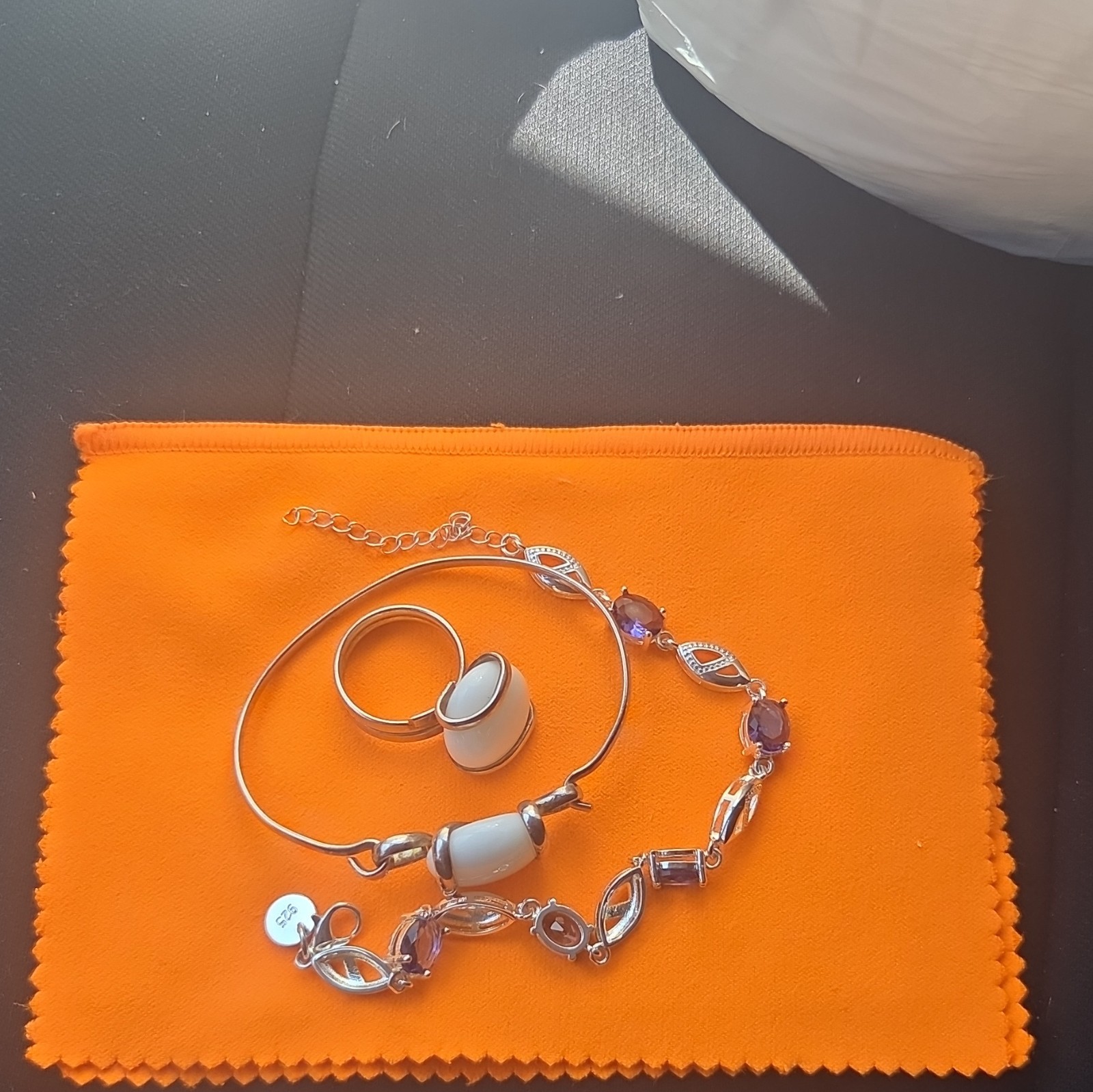 Silver Tone White Oval Stone Ring & Bracelet Set with Purple Accents