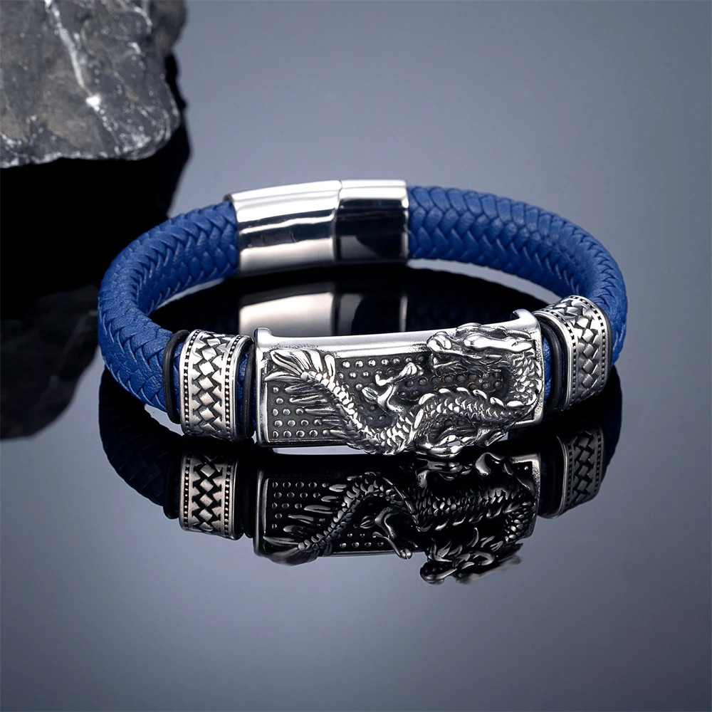 Vintage Chinoiserie Dragon Braided Leather Bracelets Men Handmade Stainless Stee