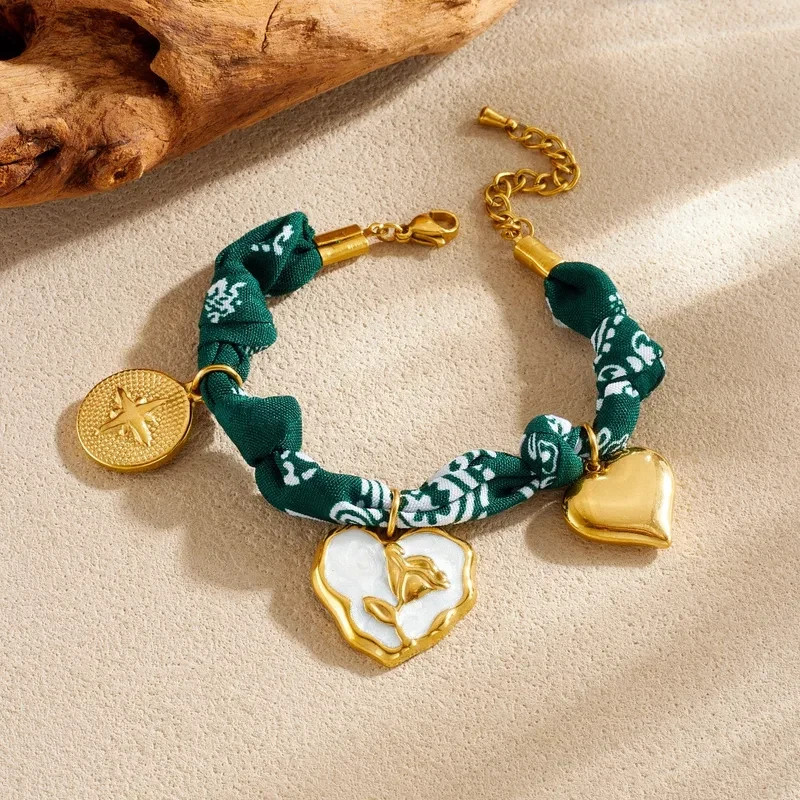 Charm Anklet Bracelet Twisted Braided Green Scarf Bandana Gold Plated Charms