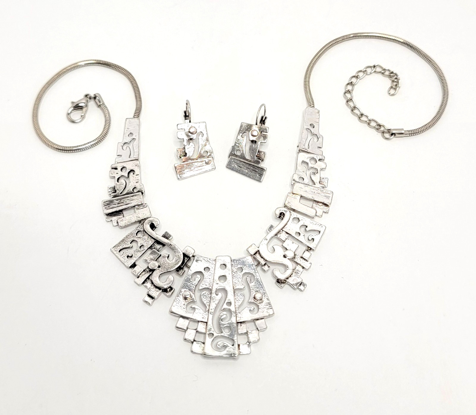 VTG Modernist Brutalist Silver Tone Geometric Bib Panel Collar Necklace Earrings