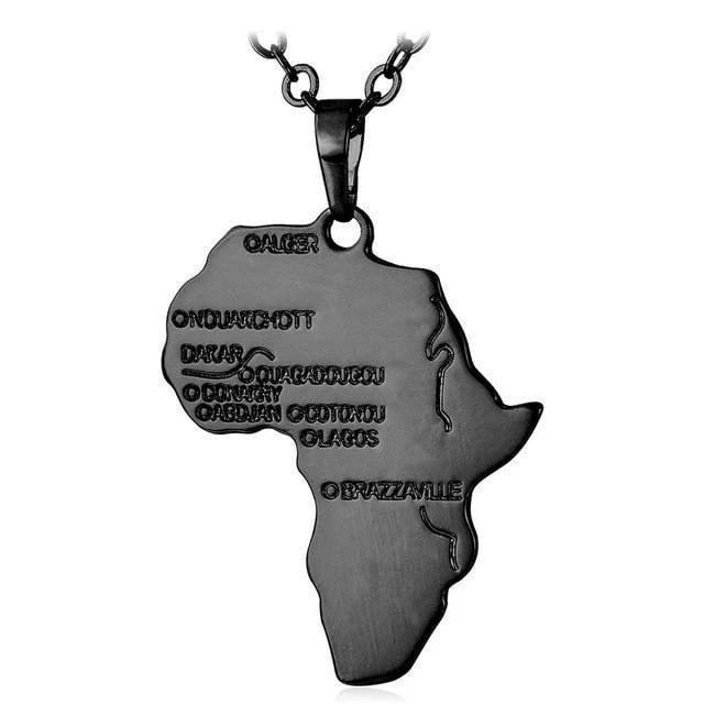 Black Africa Map Pendant Necklace, Capital Cities Stainless Steel Jewelry