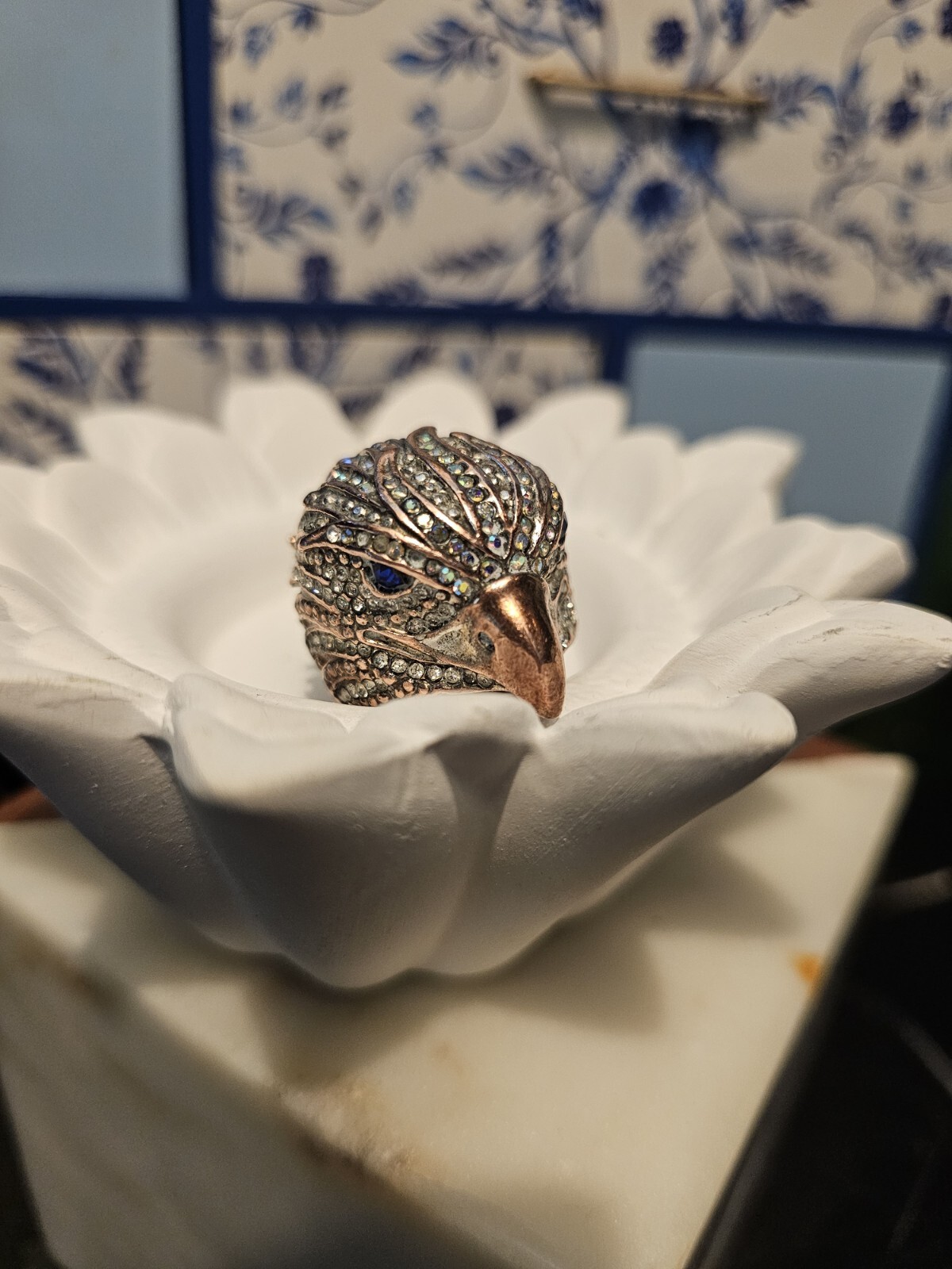 ST & Crystal Eagle Ring W/ Blue Sapphire Rhinestone Eyes, Aurora Borealis Crown