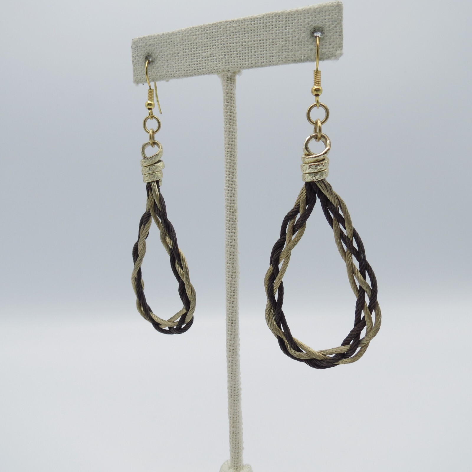 Teardrop Dangle Earrings Brown Beige Braided Rope Gold Tone Boho