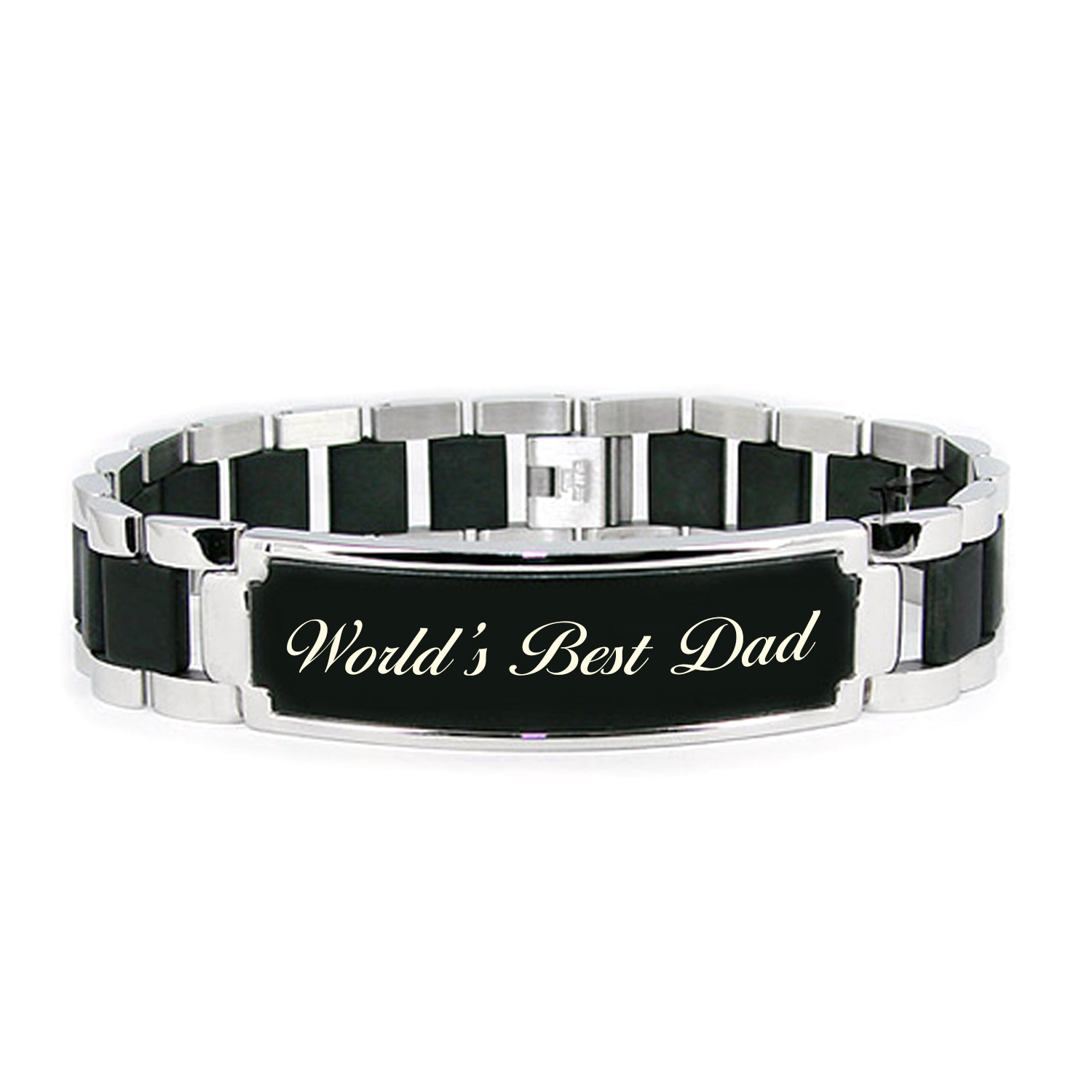 Stainless Steel Father’s Day DAD #1 DAD Worlds Best Dad Engraved Black Bracelet