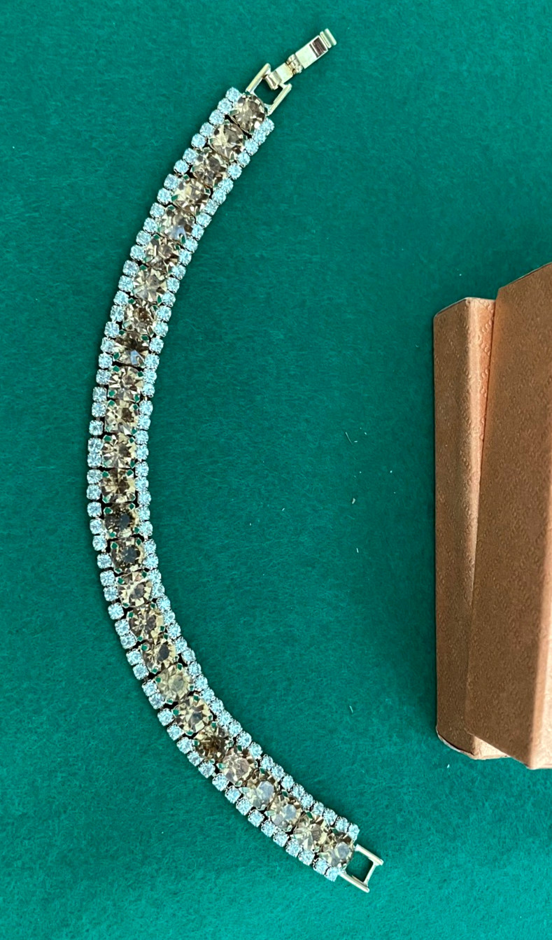 Vintage Yellow & Clear Rhinestone Bracelet Womens 4 Row Gold Tone Clasp