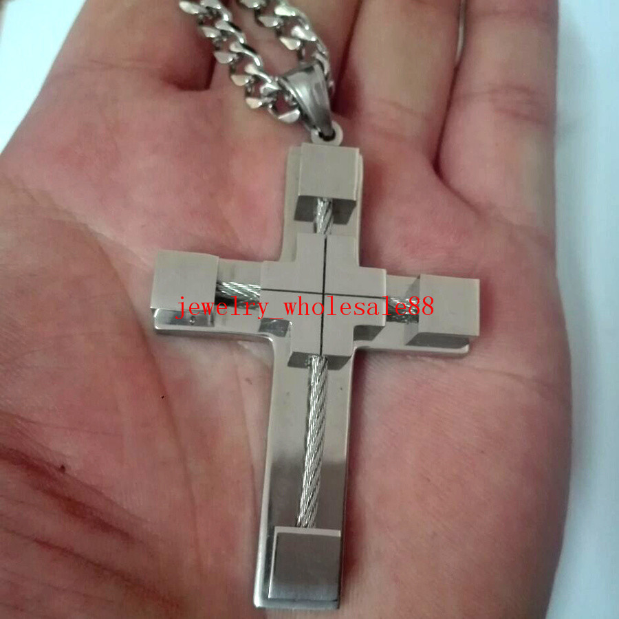 20”-32” 5mm Curb Chain Necklace Stainless steel religious Cross Pendant Large