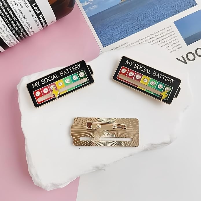 Social Battery With Moveable Hand Gold Plated Enamel Pin – Excellent Condition