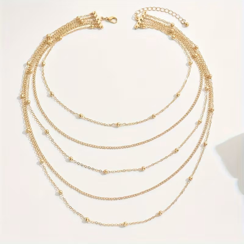 Gold Layered Multi Strand Beaded Chain Necklace Adjustable Choker Boho Statement