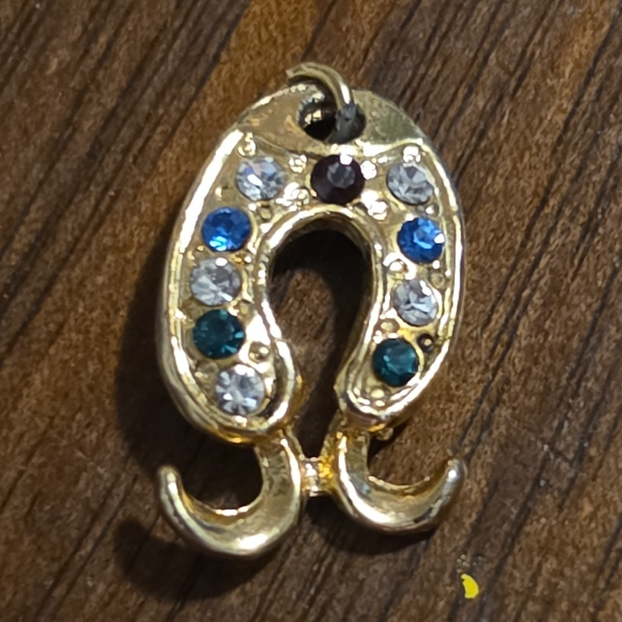 Gold Tone Horseshoe Pendant Charm Blue Green Clear Rhinestones, Luck Theme