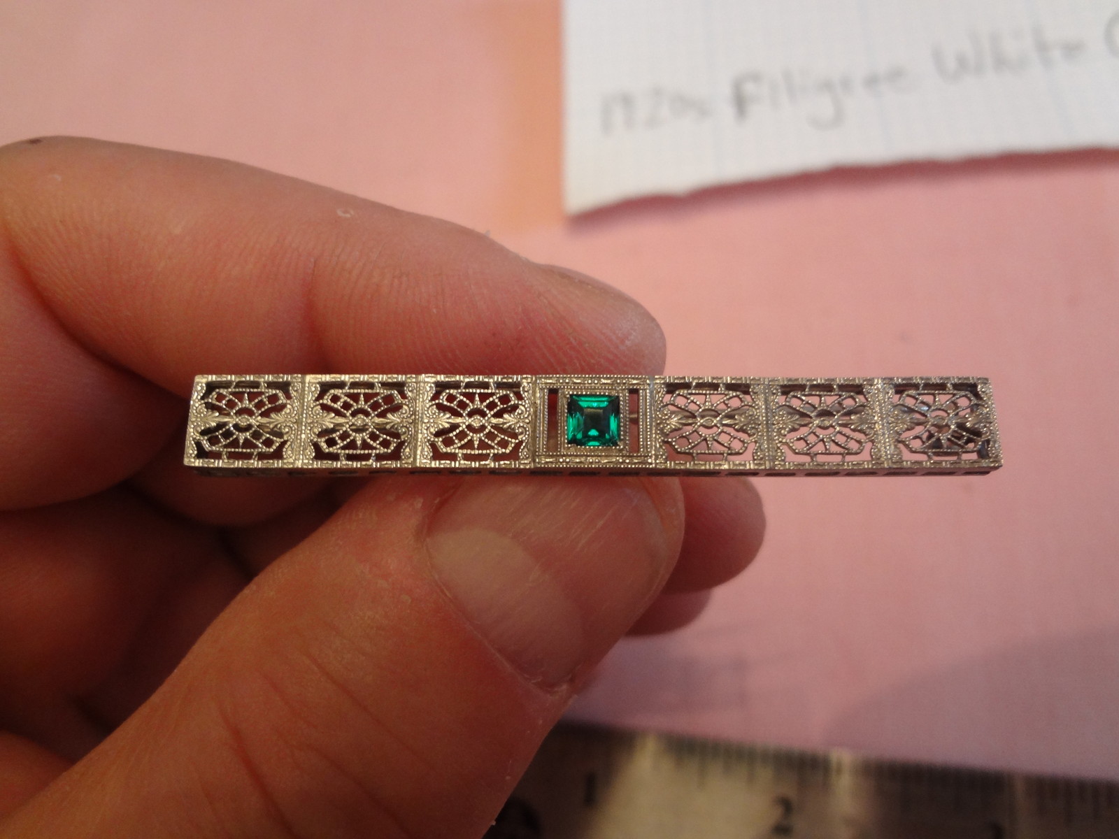 1920s Filgree White Gold 2-1/8″ Bar Pin Jewelry (Green Stone Glass? in Center)