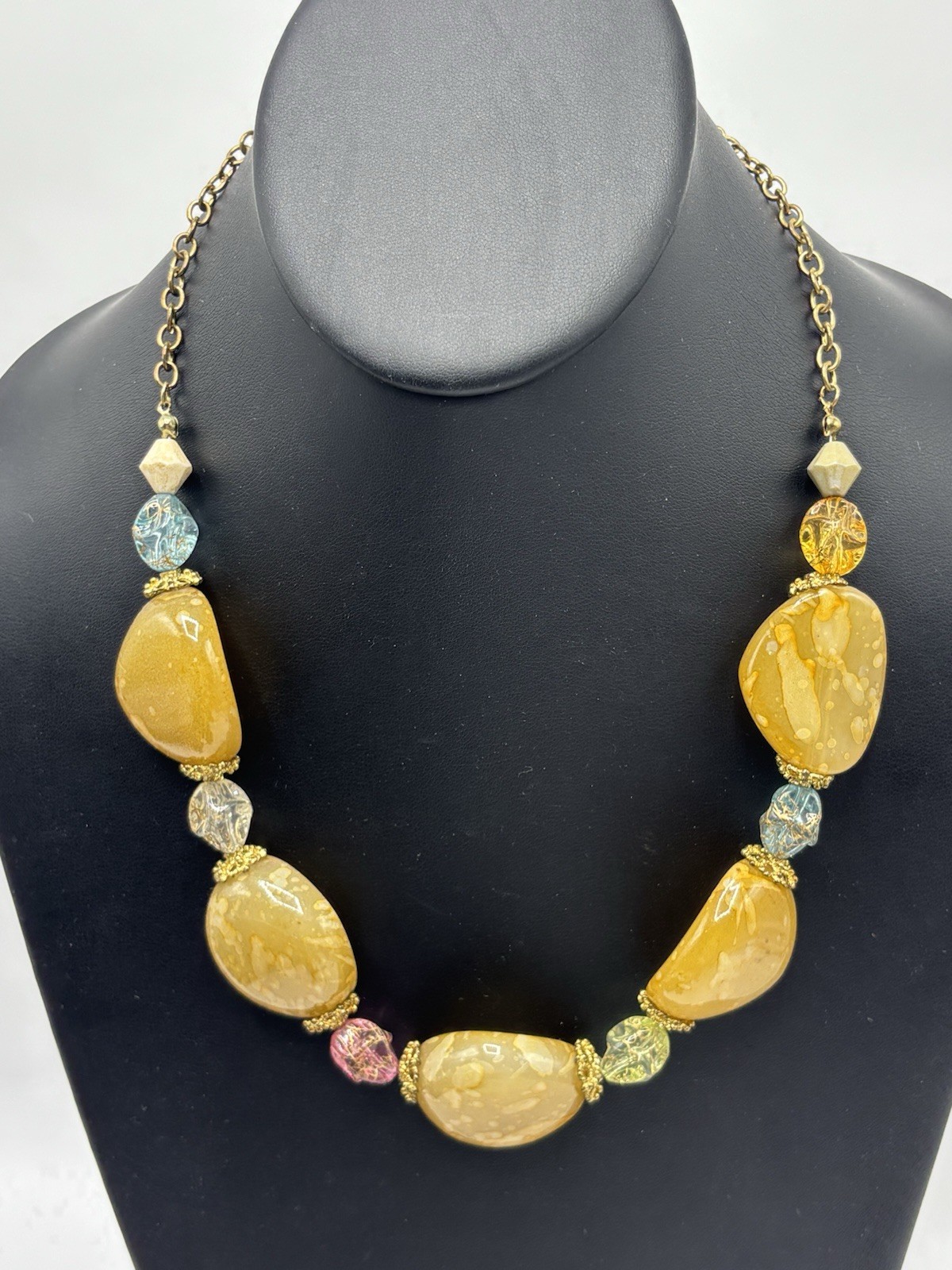 Yellow Acrylic Beaded Necklace Statement Chunky Fashion Jewelry Gold Tone