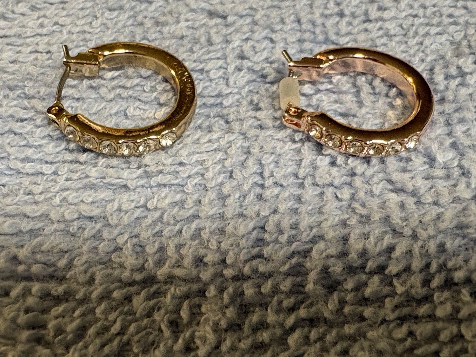 Gold Tone Huggie Hoop Earrings Clear Rhinestone Pavé Hinged Closure