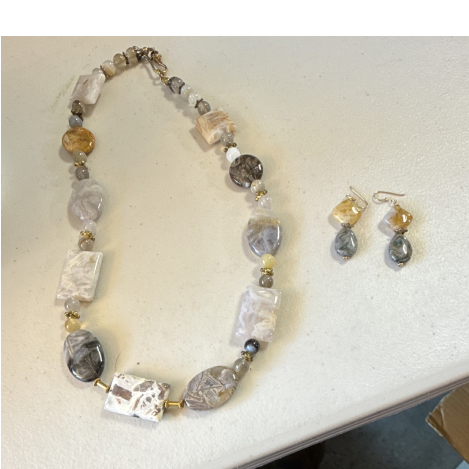 Gray Yellow White Stone Jewelry Set Oval Round Teardrop Necklace Earrings
