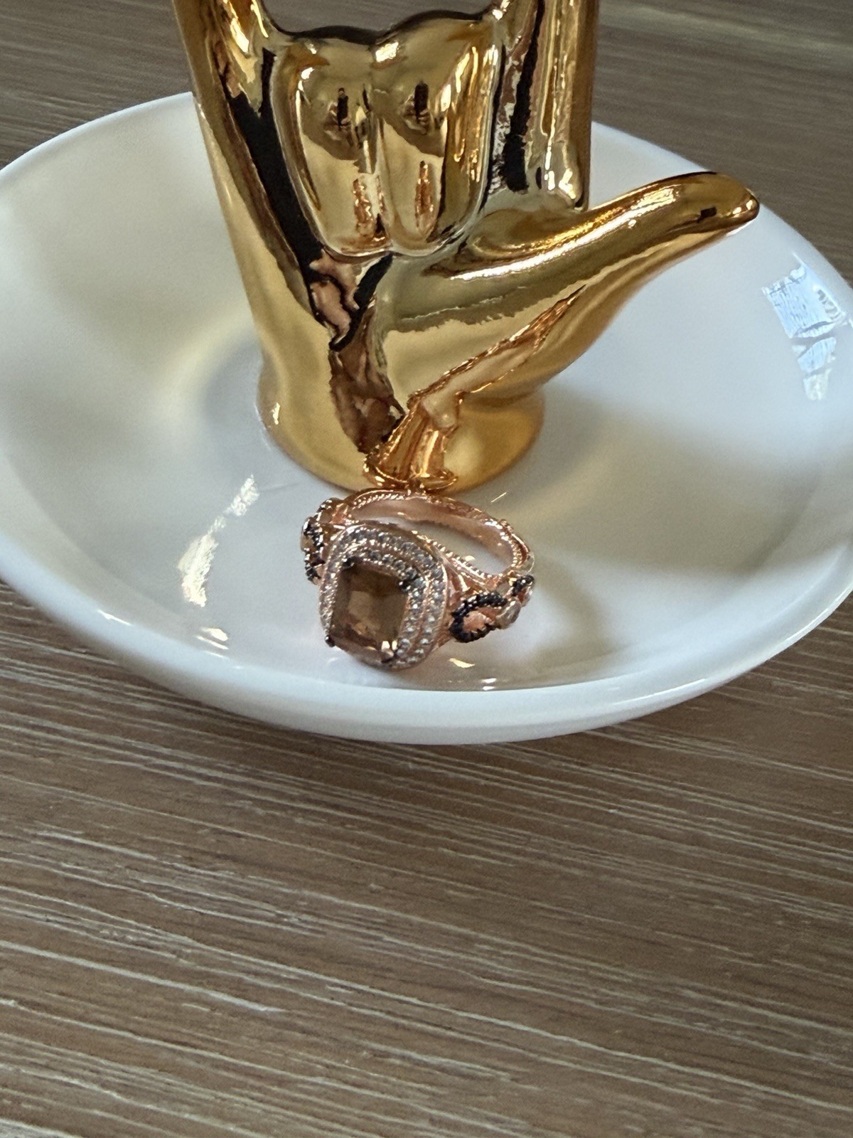 Rose Gold Plated Cocktail Ring Size 5 Brown Cushion Stone Rose Gold Tone