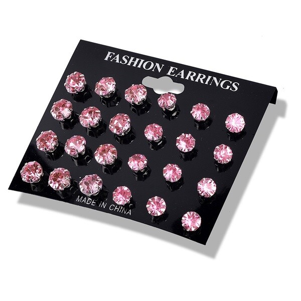 Stud Earrings; 12 Sets Pink Zircon Unisex in Stainless Steel & Alloy Round NEW