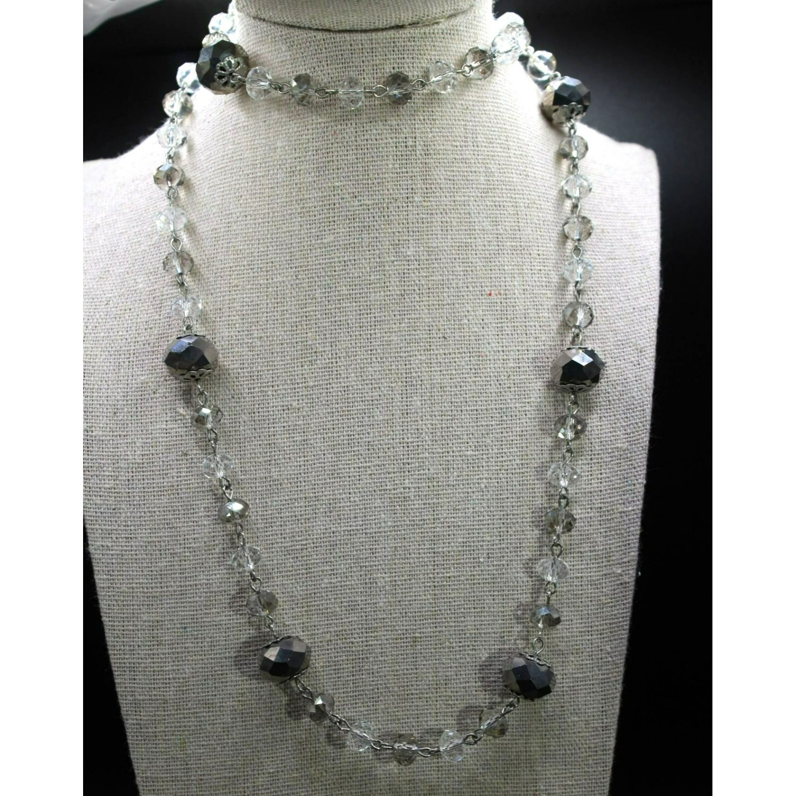 Glass Silver Gray Clear Faceted Beads Silver Tone Long Necklace 15″ Silver Tone