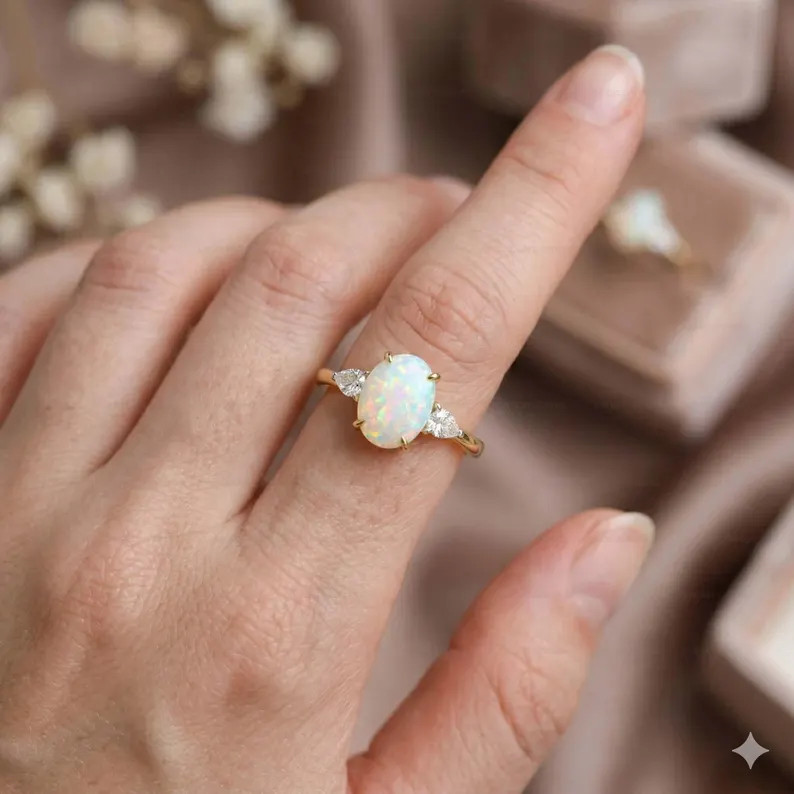Opal Ring, Gold Alloy Metal, Anniversary Birthday Gift For Her, Women’s Rings