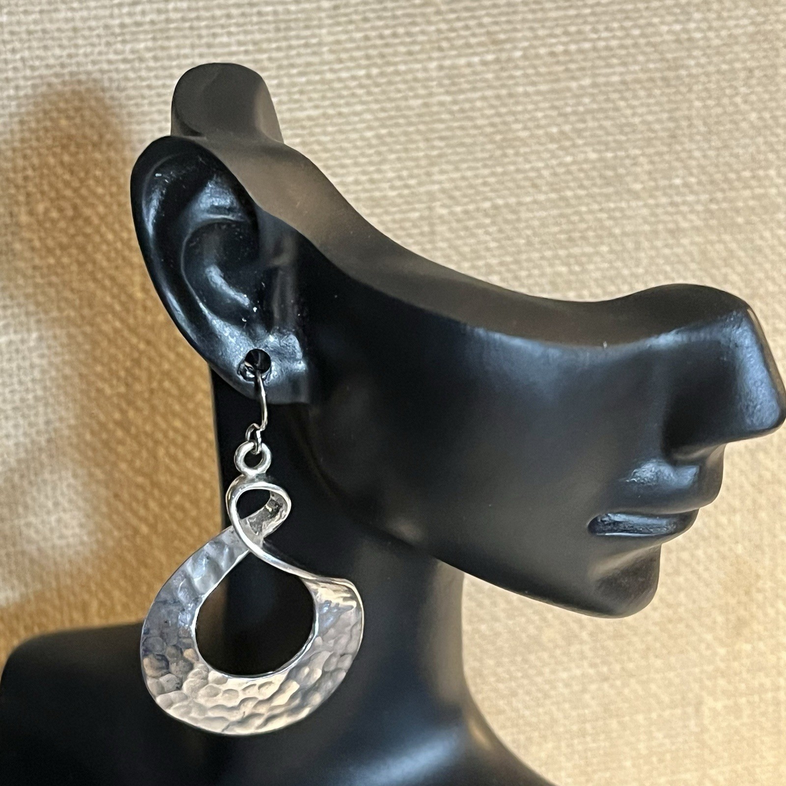 Hammered Silverplate Pierced Earrings 1 3/4 Inches Long Twisted Oval Dangles