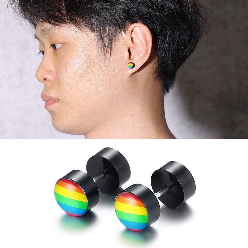 New Rainbow Color Gay Men Pride Barbell Earring Stainless Steel Ear Studs Enamel