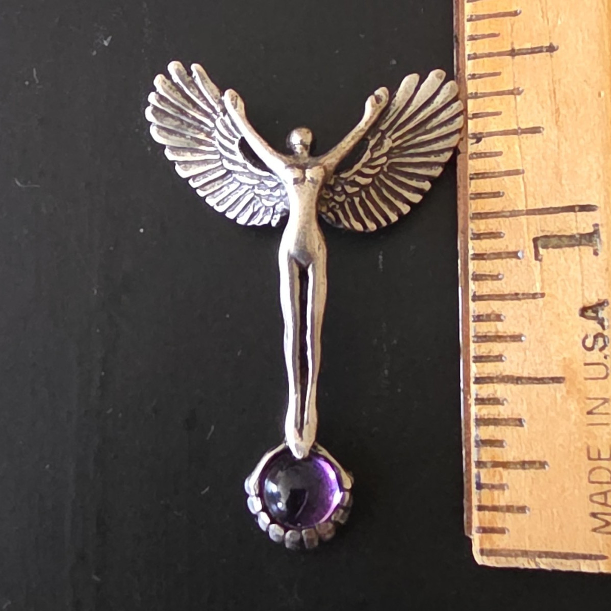 Silver Tone Angel Wing Charm Pendant w/ Purple Round Stone, Bezel Set