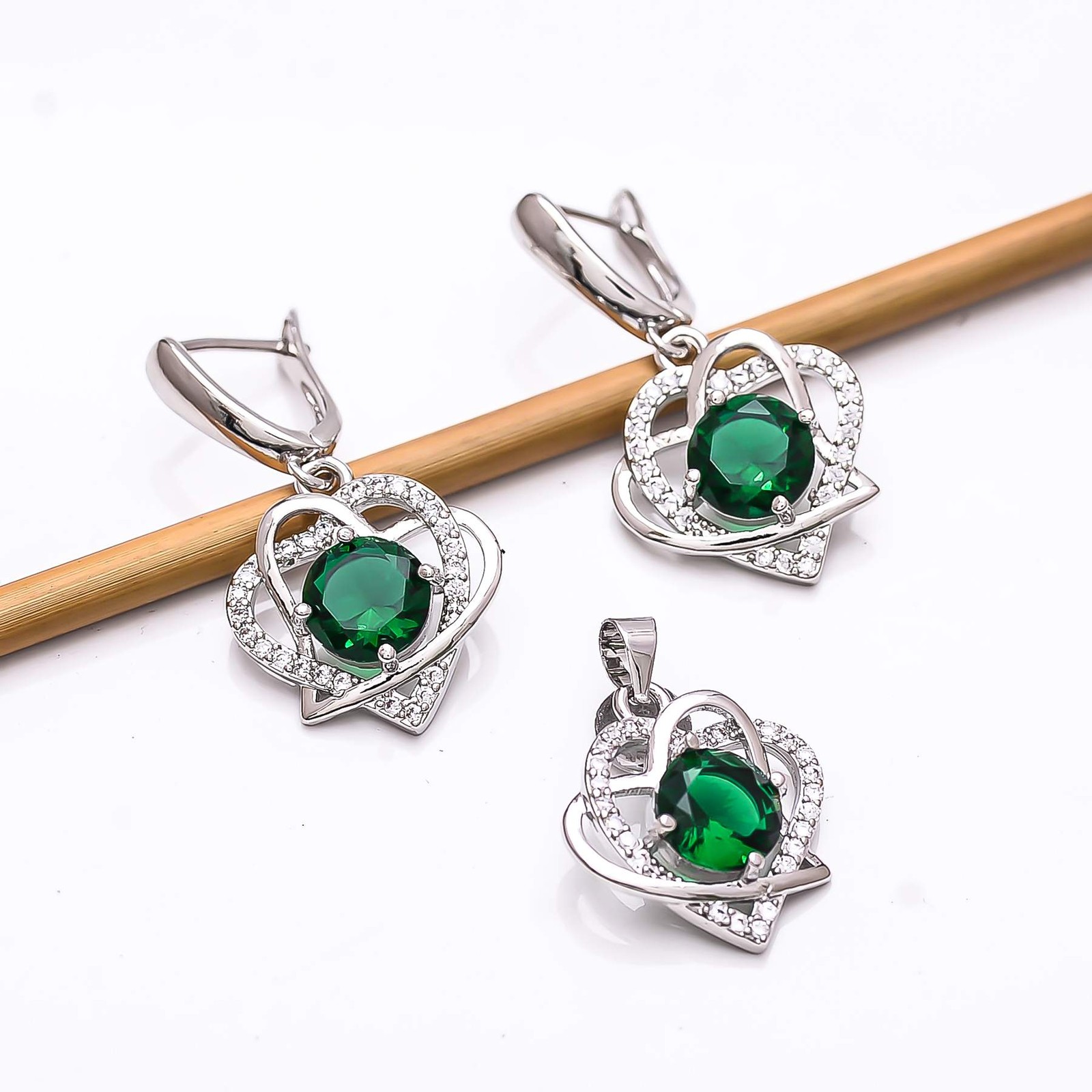 Emerald Simulated 925 Sterling Silver Pendant Earring Set PS8117, Christmas Gift