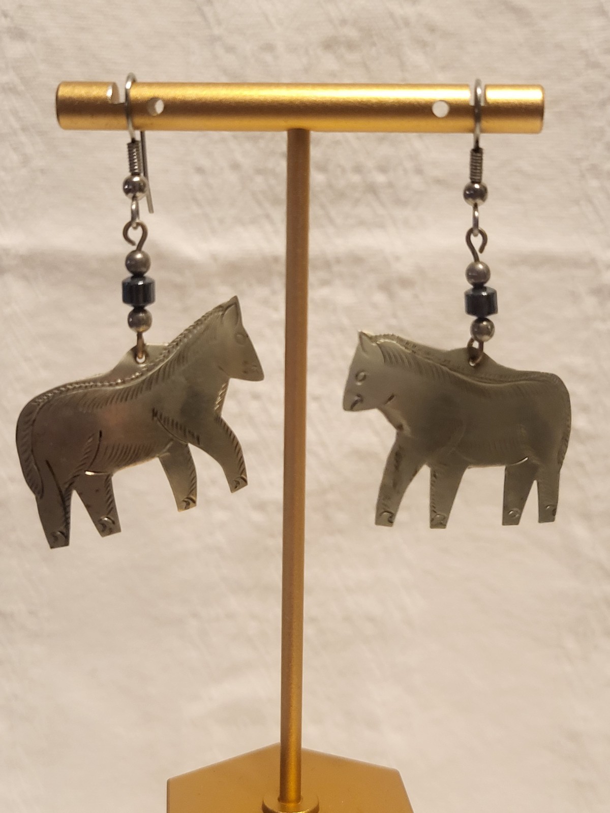 Silver Tone Horse Dangle Drop Hook Earrings Black Beads Metal No Stone