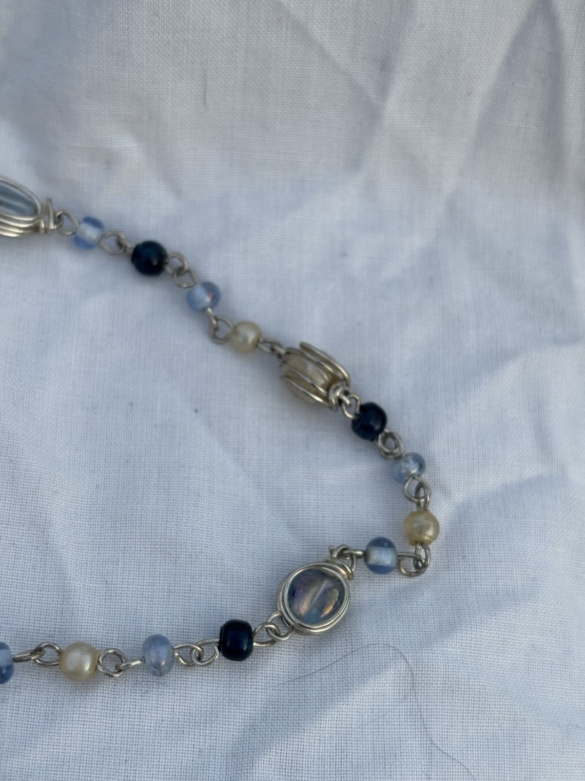 Handmade Style Blue Beaded Necklace Opalite Effect Wire Wrapped Boho Festival