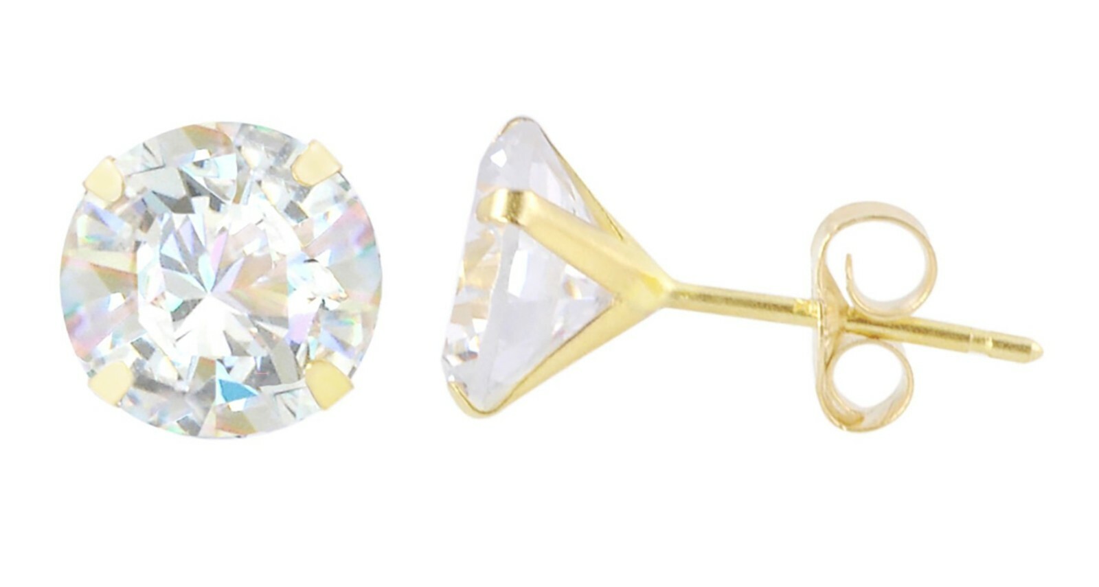 14k Yellow Gold Stud Earrings Round Clear CZ Prong Setting Pushbacks