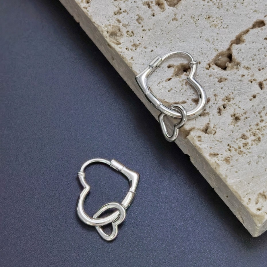Silver Plated Alloy Detachable Double Hearts Interlocking Huggie Dangle Earrings