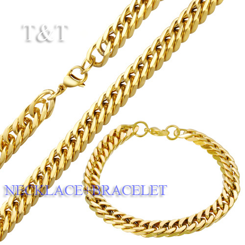 T&T 8mm 14K Gold GP 316L Stainless Steel Curb Chain Necklace with Bracelet SET