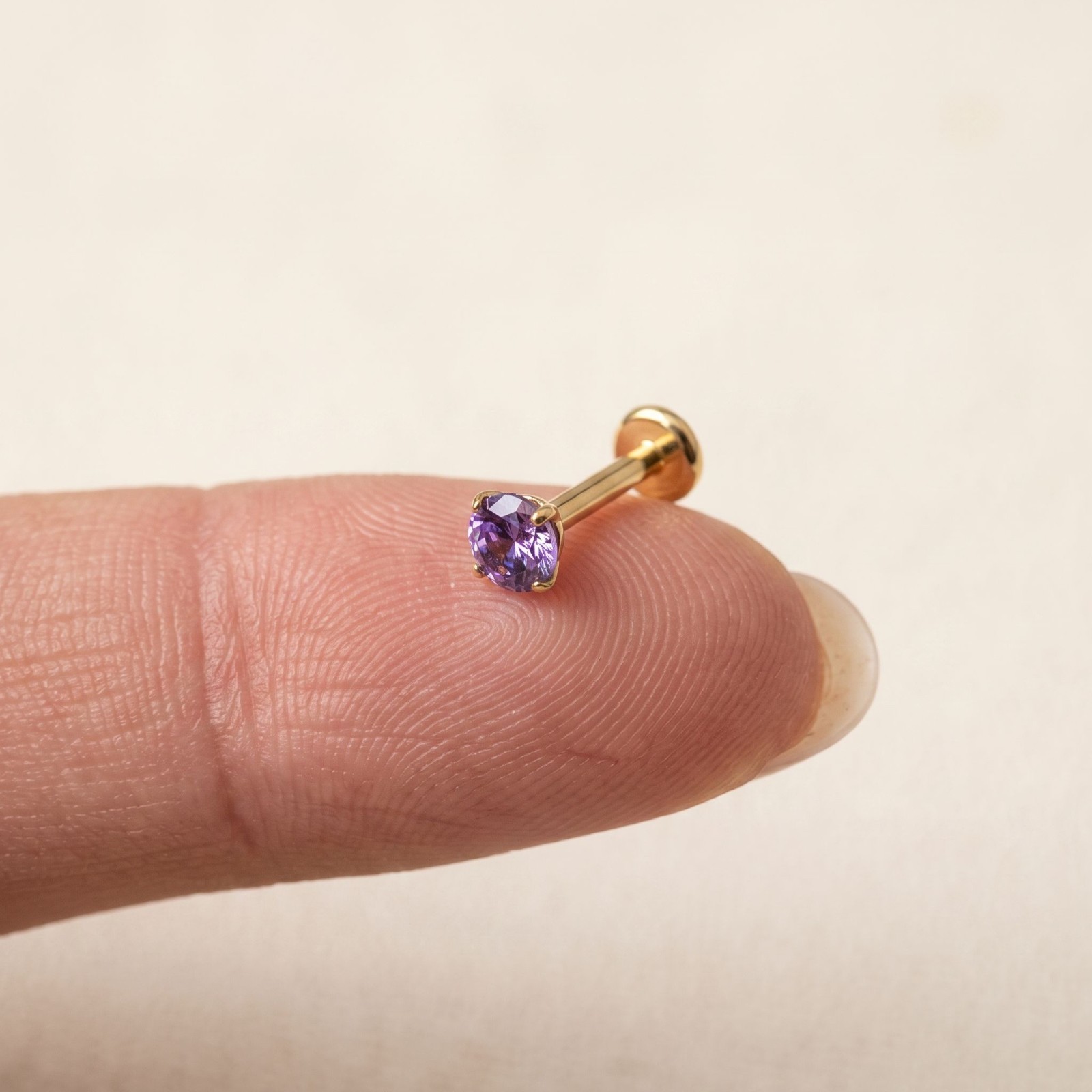 4mm Round Birthstone Flat Back Earrings 14K Gold Plated Titanium Labret 16G