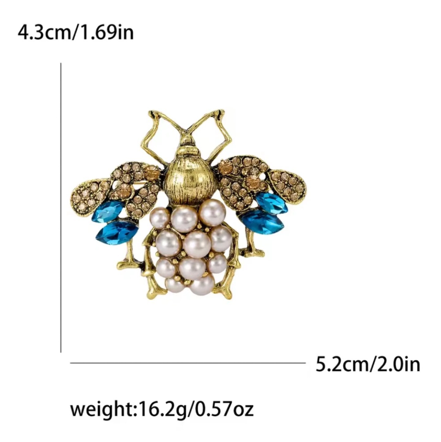 Bee Brooch Pin Gold Tone Blue Rhinestone Wings White Faux Pearl 5.2cm