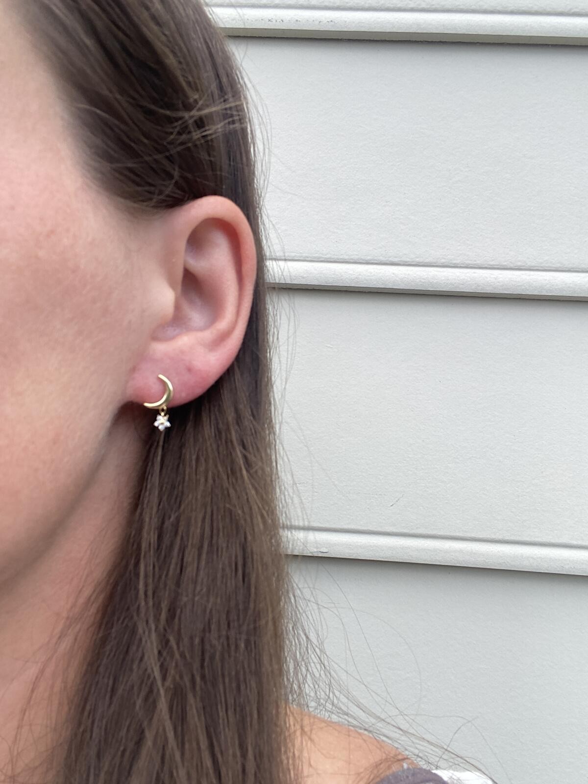 Crescent Moon Stud Earrings with Dainty Dangle Diamond