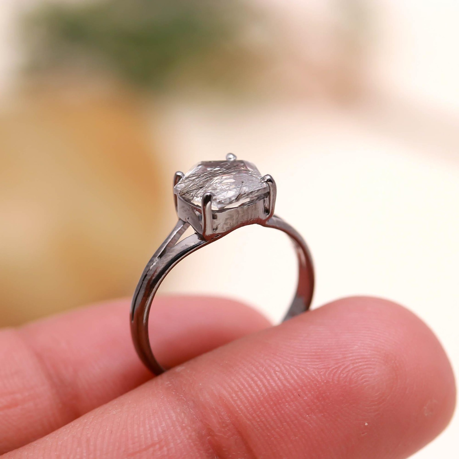 Natural Black Rutile Pentagon Ring Black Oxidized 925 Sterling Silver Jewelry