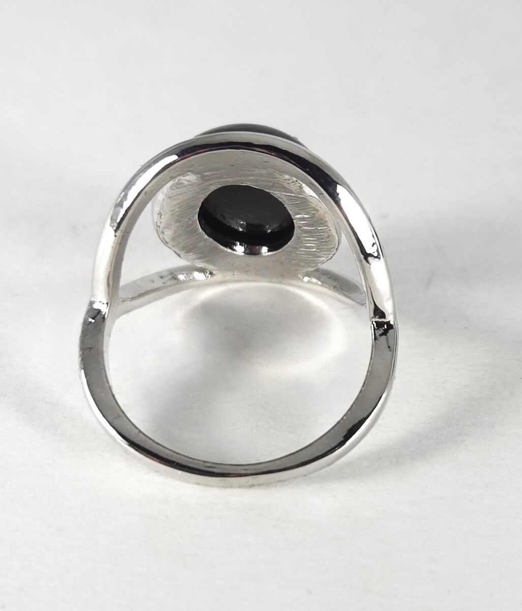 Large Elegant Black Oval Crystal Sphere Lab Created Gemstone Silver Plated Ring