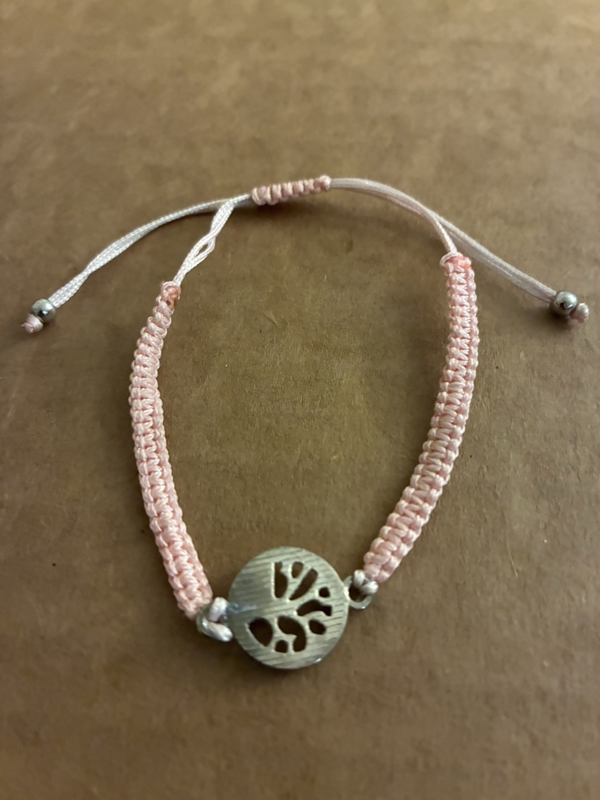 Pink Macrame Cord Adjustable Slide Bracelet w/ Silver Tone Tree of Life Charm