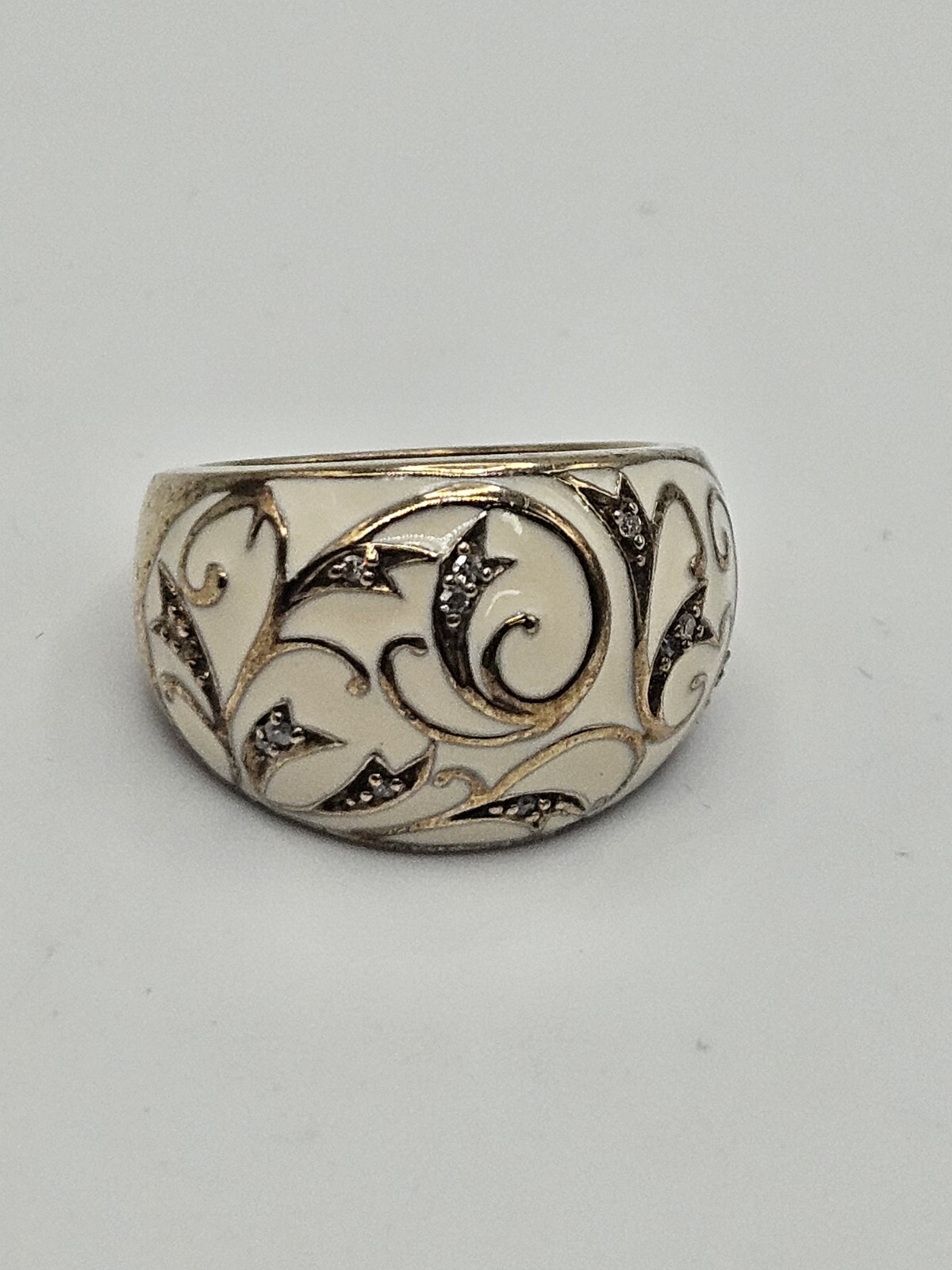 Sterling Silver Scroll Ivory Enamel Clear CZ Dome Ring Size 6 Signed ZRW